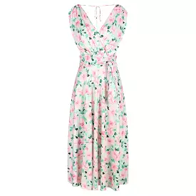 Light Green And Pink Floral Print V Neck Crossover Top Empire Waist Swing Dress