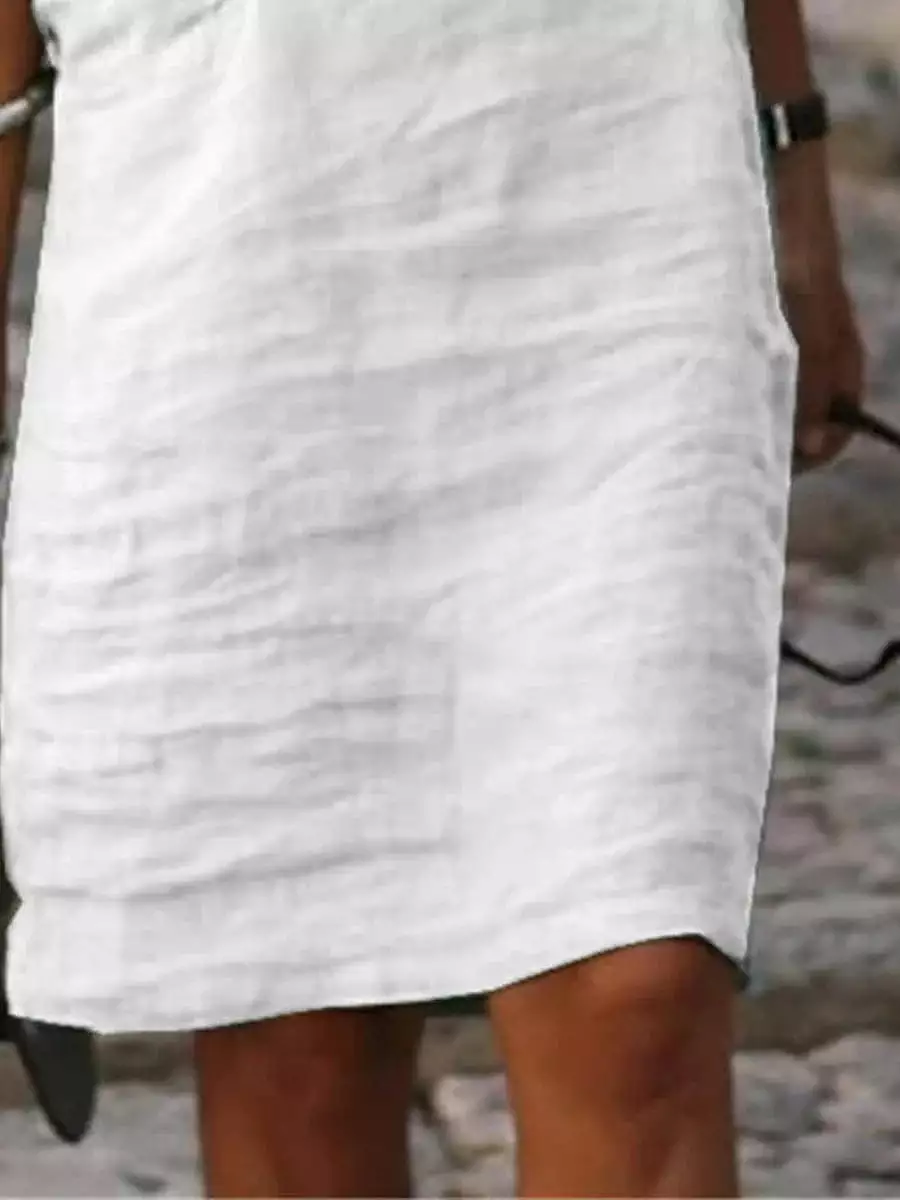 Linen Shift Dress - Women's Classic White Dress with V-Neck and Ruffle Details