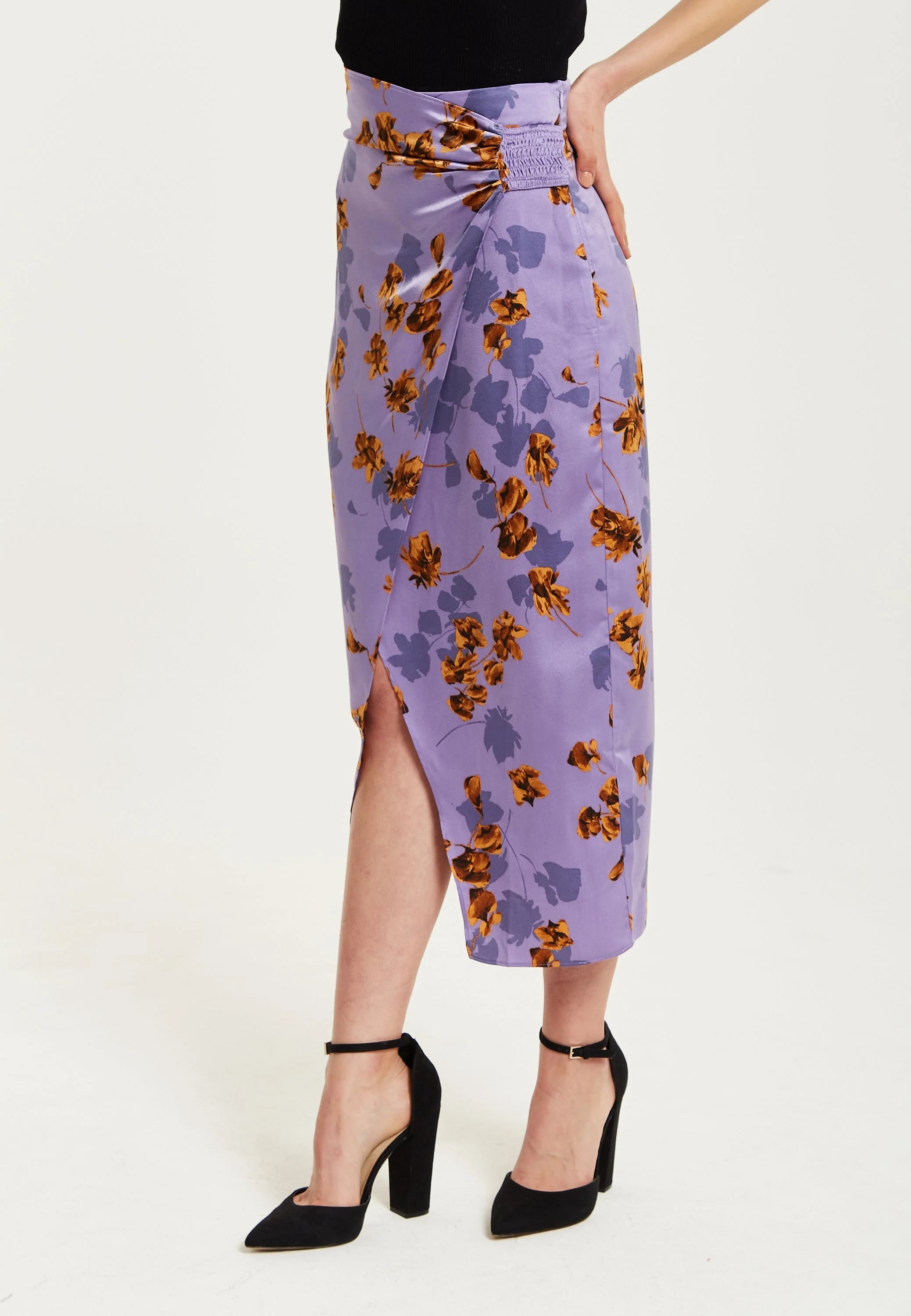 Liquorish Purple Floral Midi Skirt With Ruching Detail