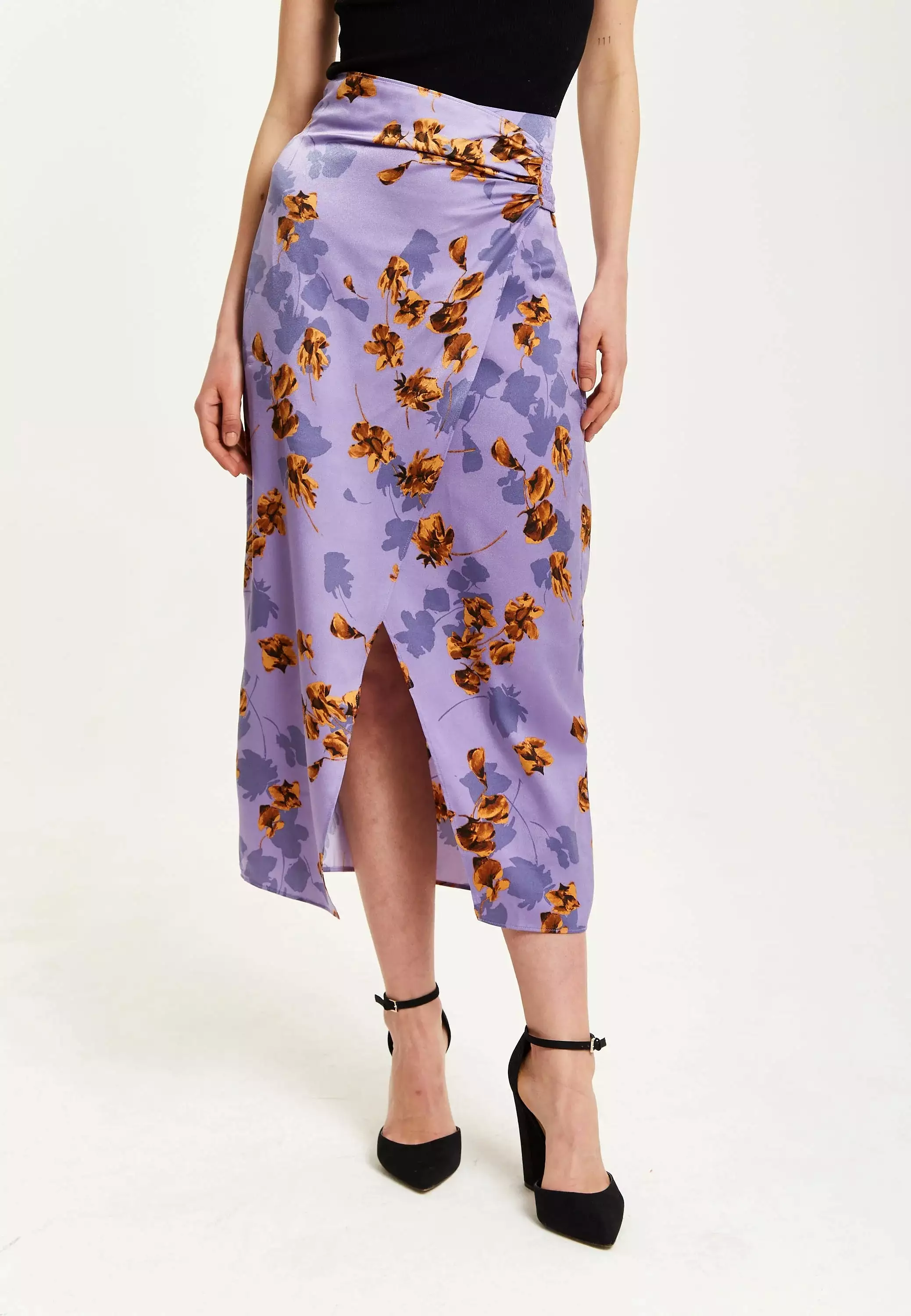 Liquorish Purple Floral Midi Skirt With Ruching Detail