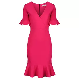 Magenta 1/2 Sleeve Fishtail Peplum Hem V Neck Bodycon Pencil Dress