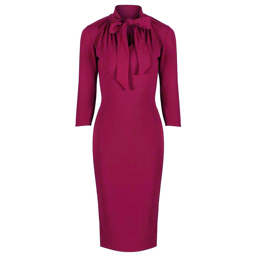 Magenta 3/4 Sleeve Tie Neck Bodycon Pencil Dress