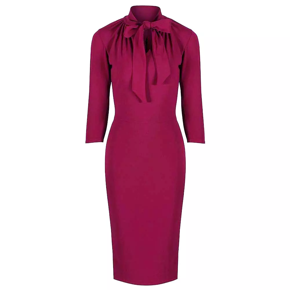 Magenta 3/4 Sleeve Tie Neck Bodycon Pencil Dress