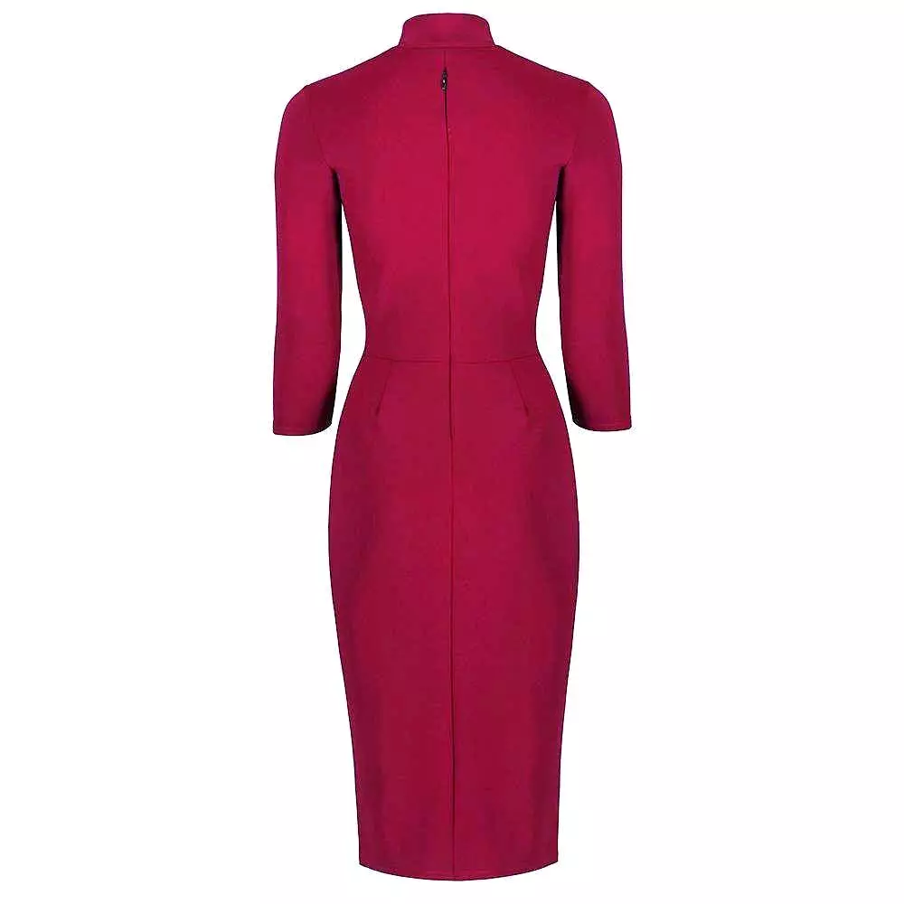 Magenta 3/4 Sleeve Tie Neck Bodycon Pencil Dress