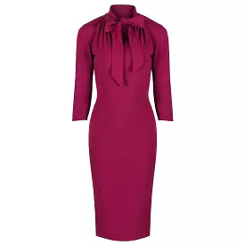 Magenta 3/4 Sleeve Tie Neck Bodycon Pencil Dress