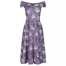 Mauve Floral Print Cap Sleeve Crossover Top 50s Swing Bardot Dress