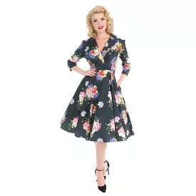 Midnight Green Floral Print 3/4 Sleeve Shawl Collar 50s Swing Dress