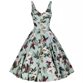 Mint Green Retro Vintage Floral Print Summer 50s Swing Dress