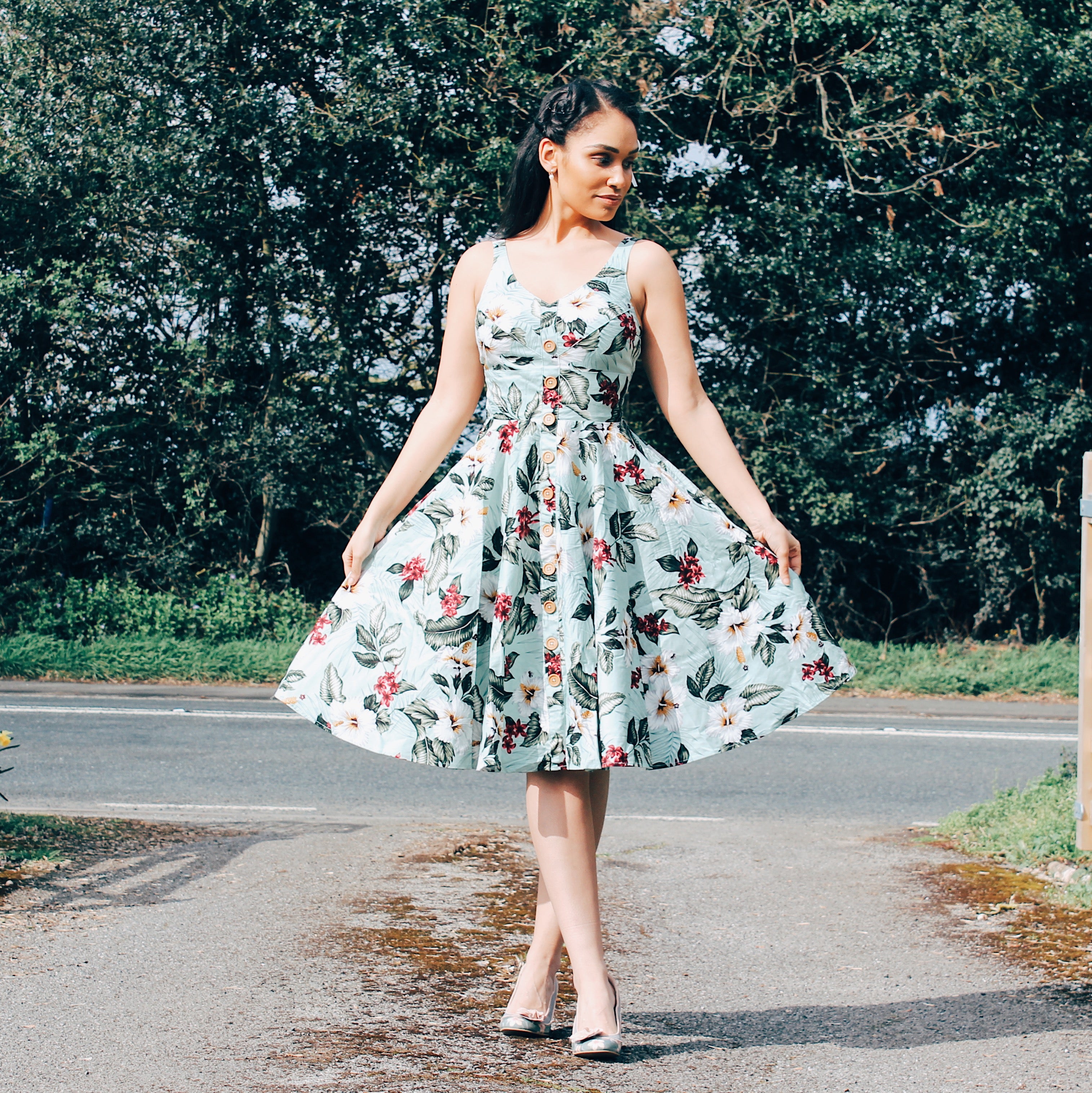 Mint Green Retro Vintage Floral Print Summer 50s Swing Dress