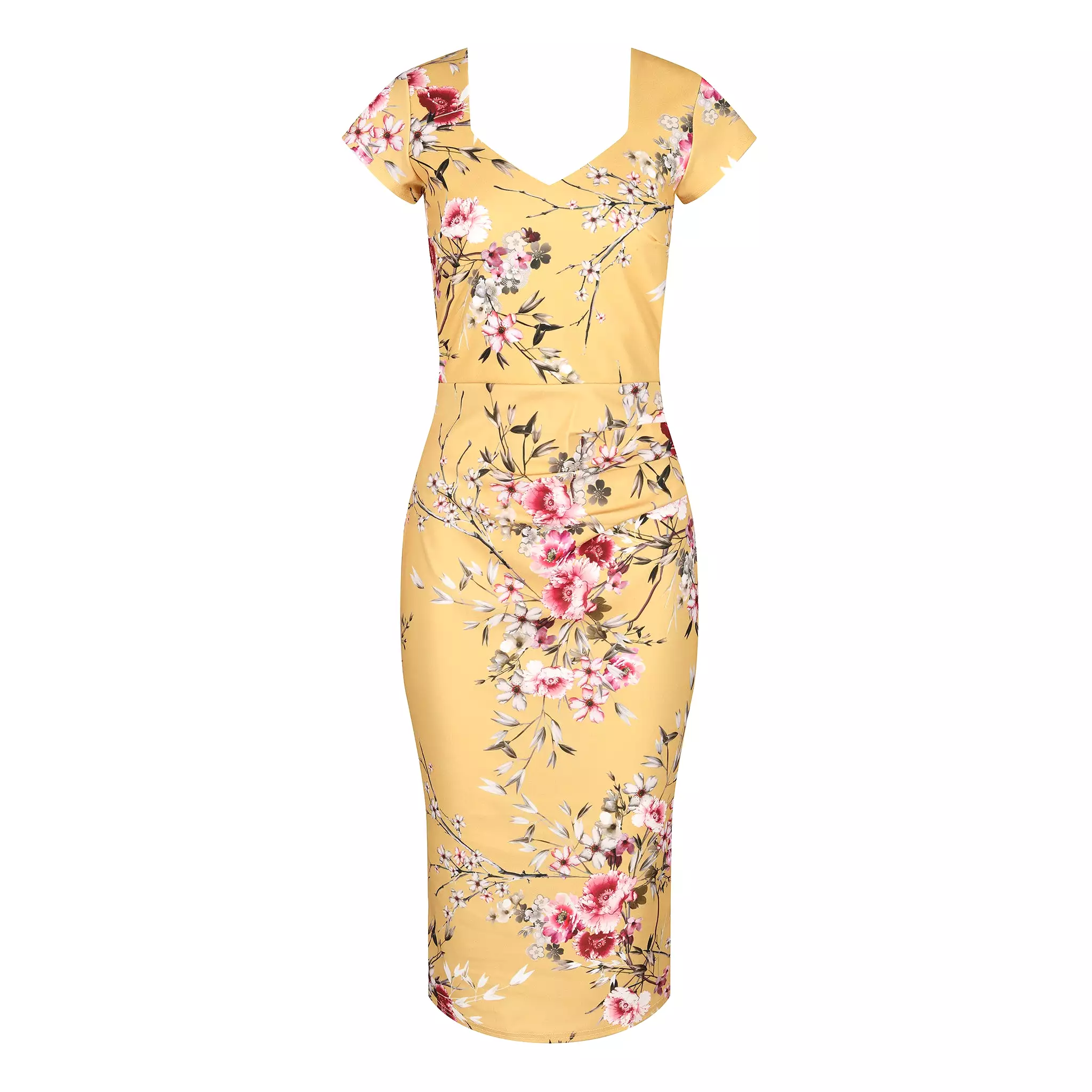 Mustard Yellow Floral Print Cap Sleeve V Neck 40s Style Wiggle Dress