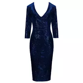 Navy Blue 3/4 Sleeve V Neck Velour Sequin Pencil Wiggle Dress