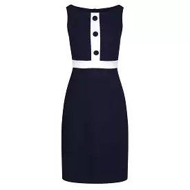 Navy Blue and White Sleeveless Button Detail Bodycon Midi Dress