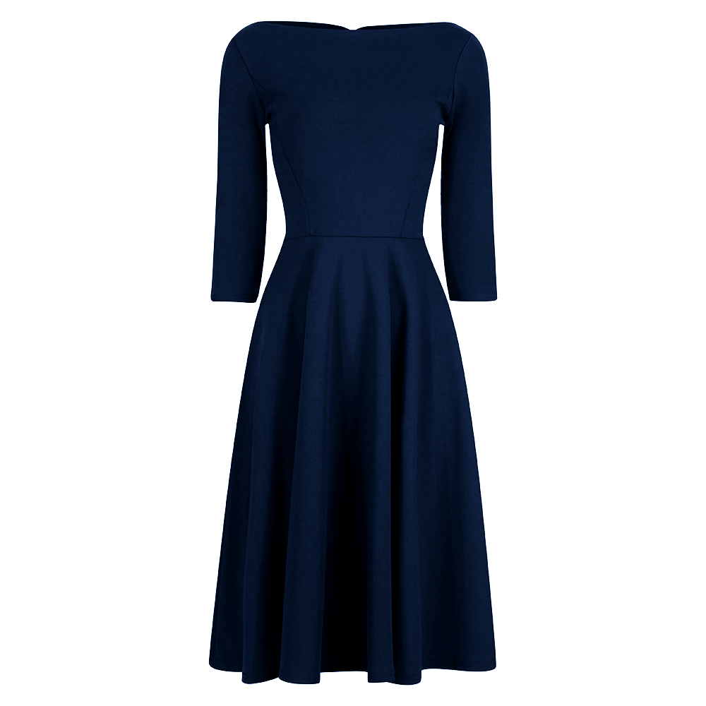 Navy Blue Audrey 1950s Style 3/4 Sleeve Swing Dress