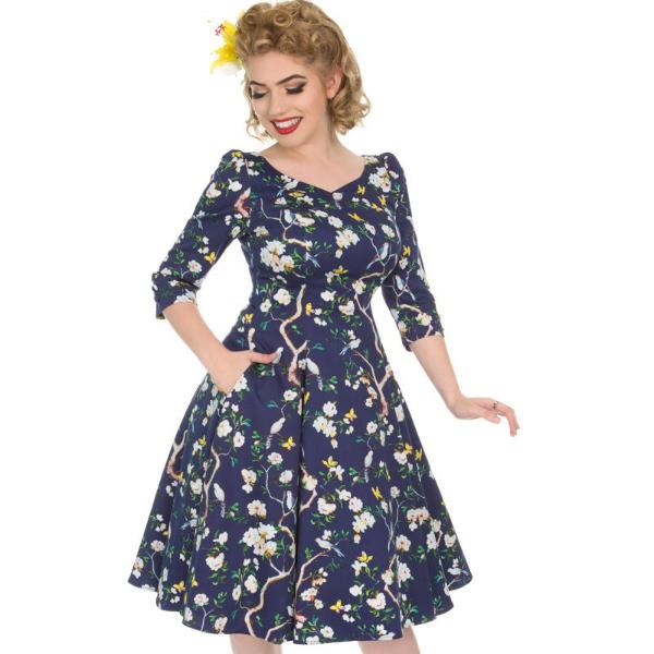 Navy Blue Bird and Floral Print 3/4 Sleeve 50s Swing Dress