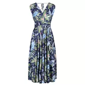 Navy Blue Bird Tropical V Neck Crossover Top Empire Waist Swing Dress