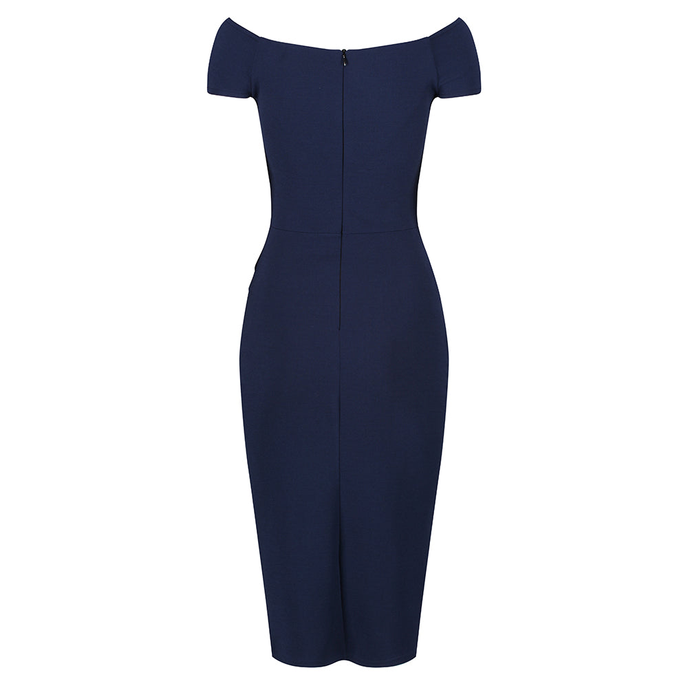 Navy Blue Cap Sleeve Crossover Top Bardot Wiggle Dress