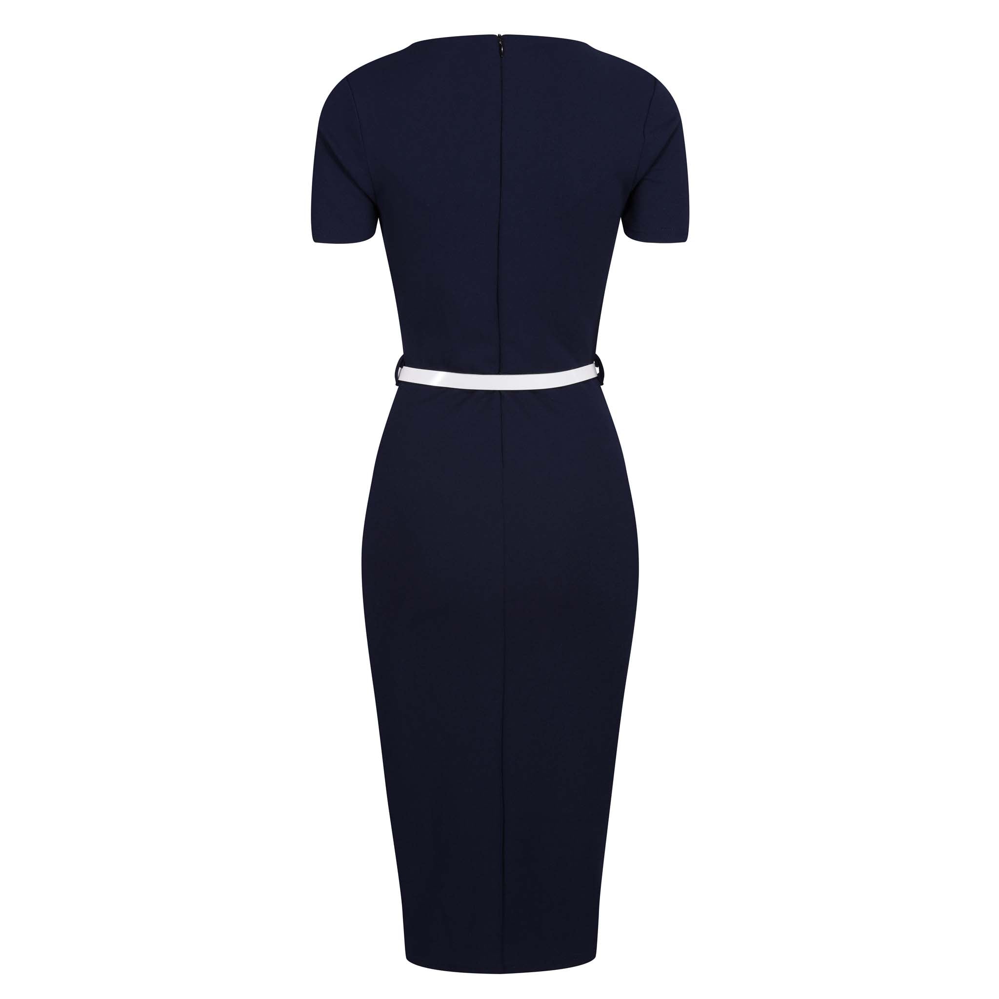 Navy Blue Cream Short Sleeve Belted Nautical Pencil Dress