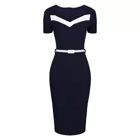 Navy Blue Cream Short Sleeve Belted Nautical Pencil Dress