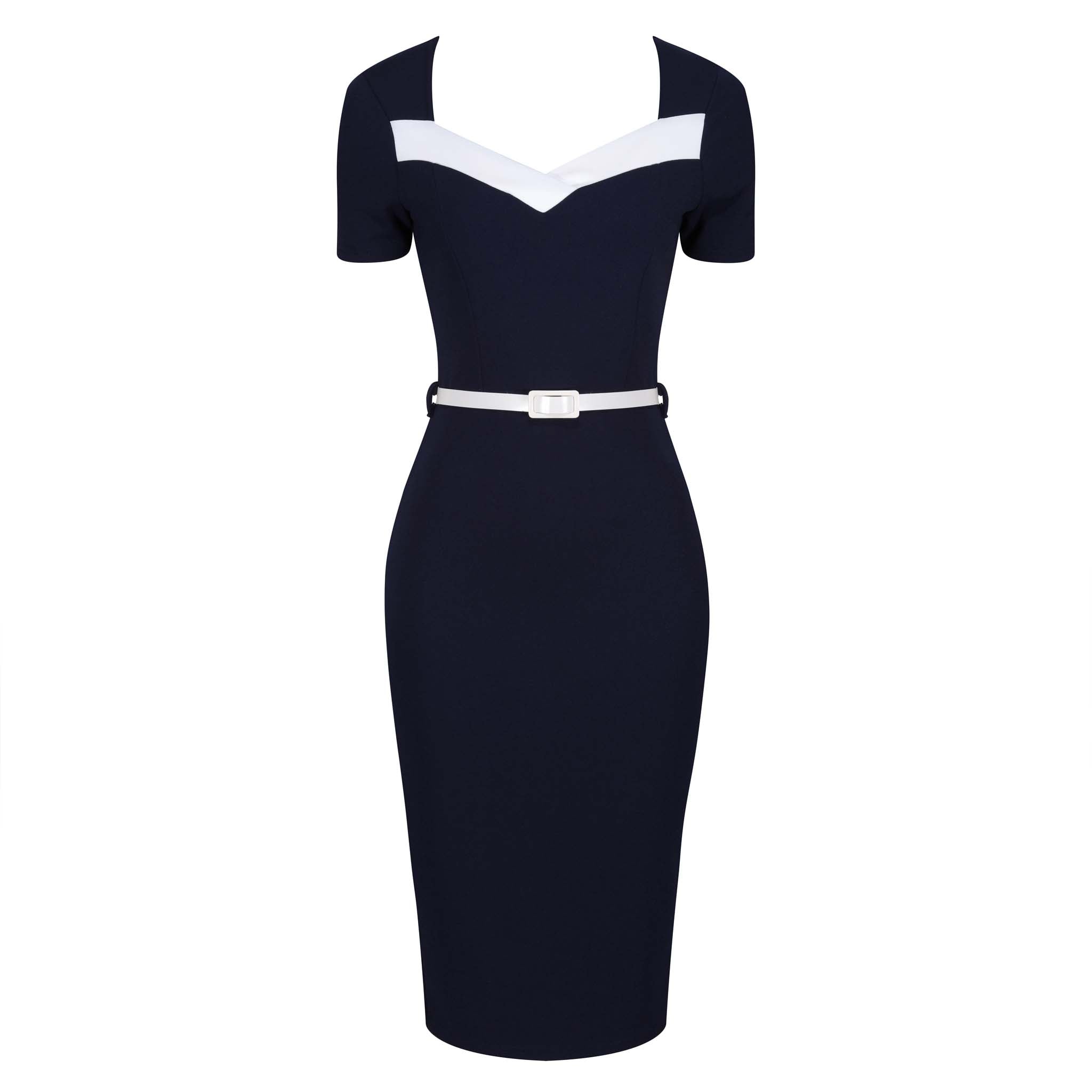 Navy Blue Cream Short Sleeve Belted Nautical Pencil Dress