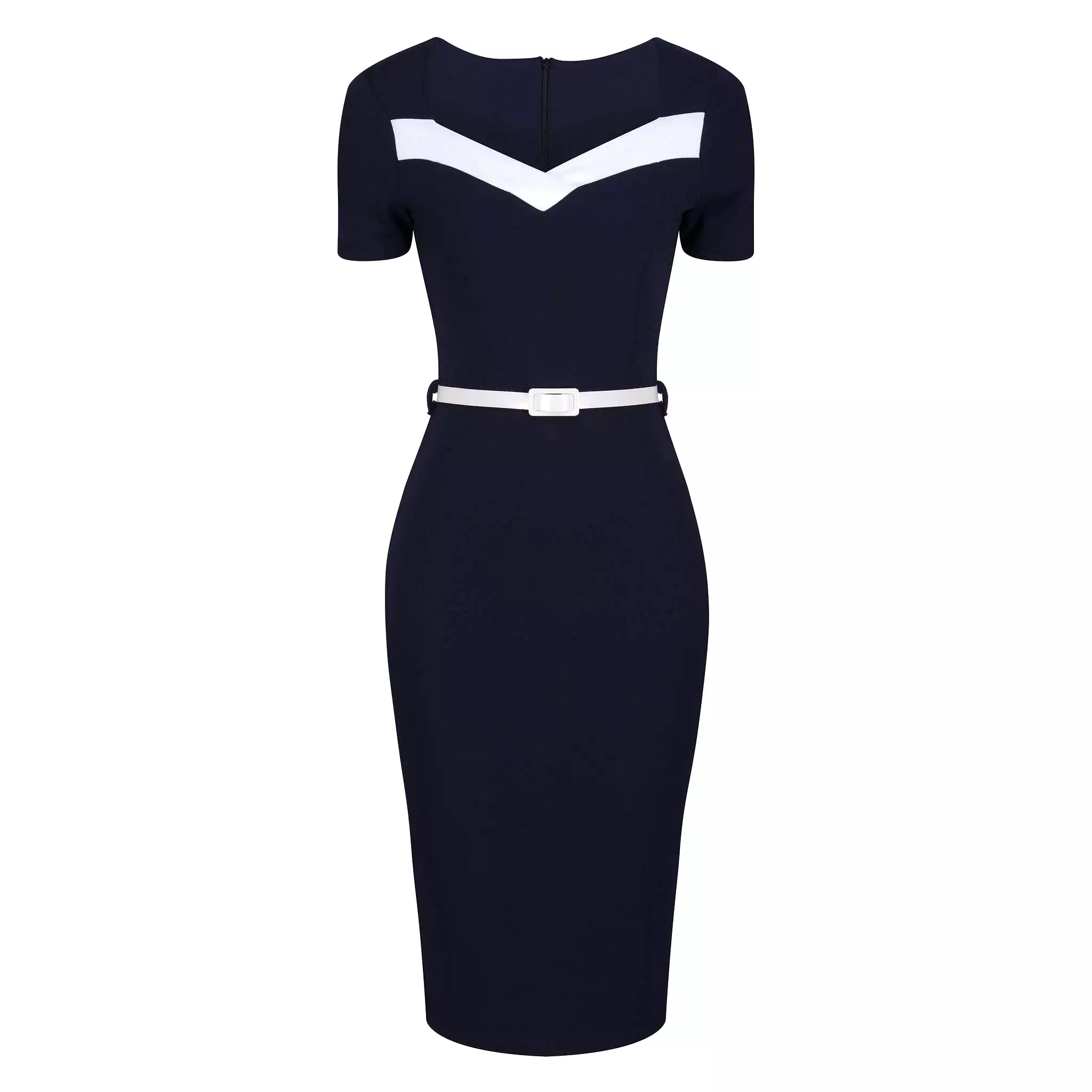 Navy Blue Cream Short Sleeve Belted Nautical Pencil Dress