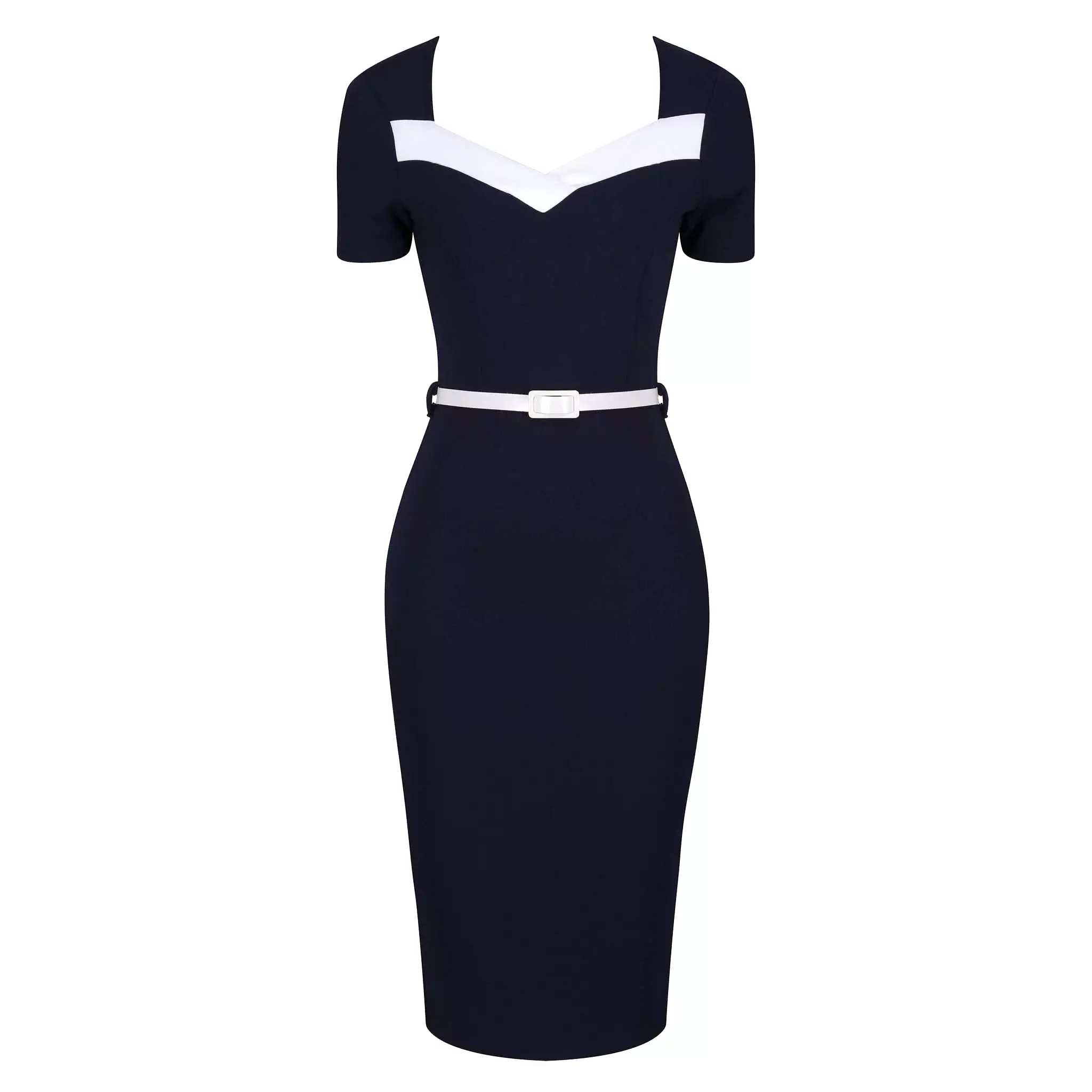 Navy Blue Cream Short Sleeve Belted Nautical Pencil Dress