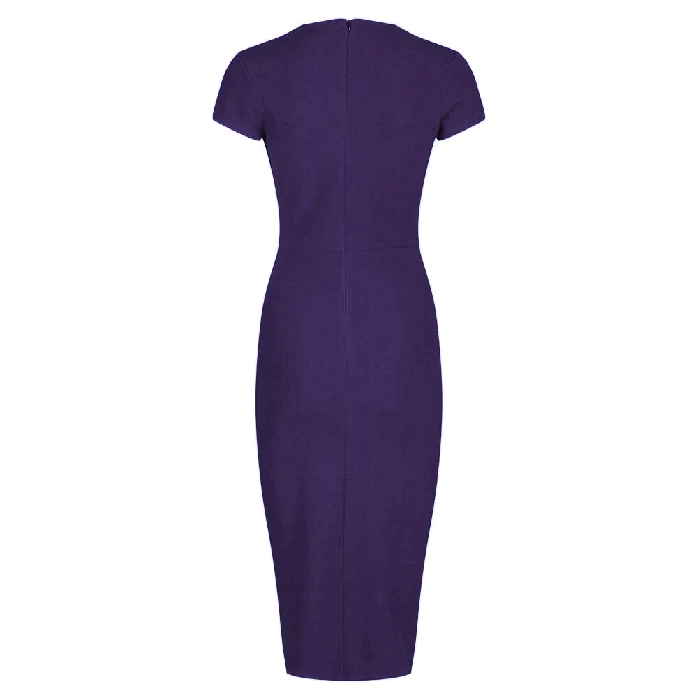 Navy Blue Deep V Cap Sleeve Bodycon Ruched Waist Wiggle Dress