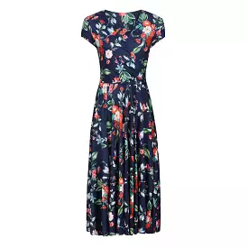 Navy Blue Floral Bird Print Cap Sleeve Crossover Top Swing Dress