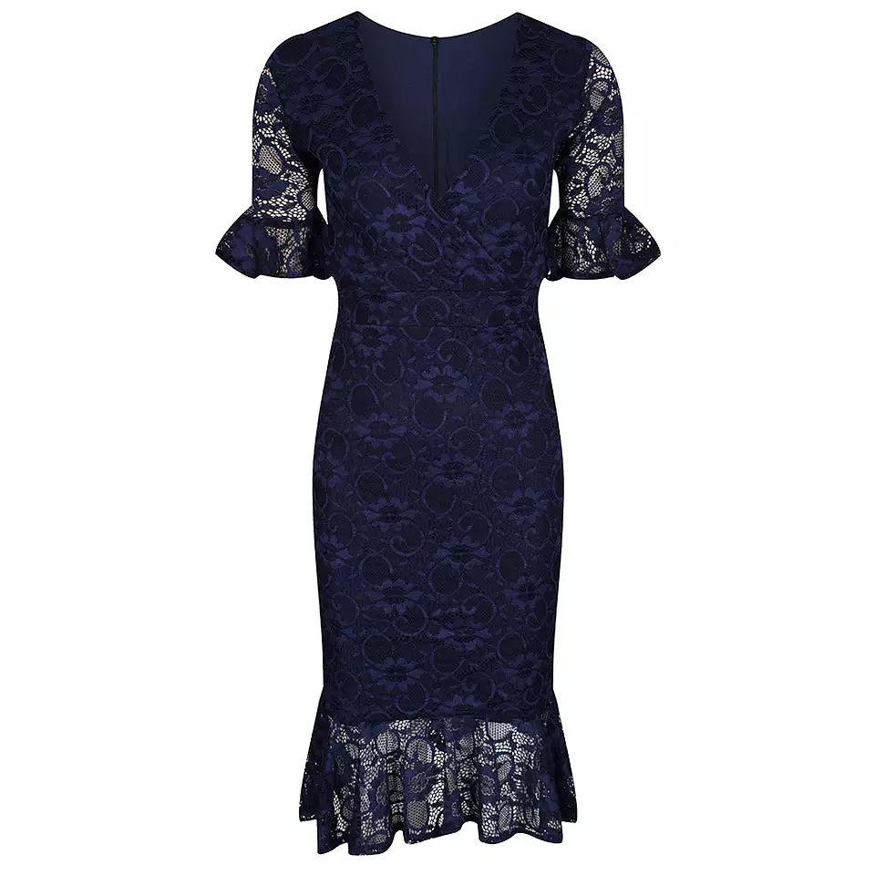 Navy Blue Lace Half Sleeve Fishtail Peplum Hem Bodycon Pencil Dress