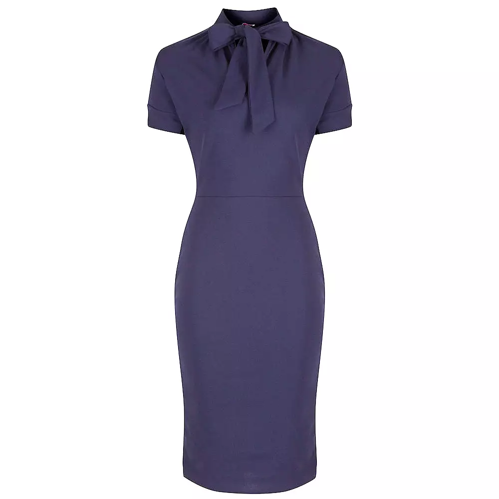 Navy Blue Puff Sleeve Tie Bodycon Pencil Dress