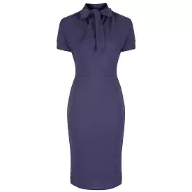 Navy Blue Puff Sleeve Tie Bodycon Pencil Dress