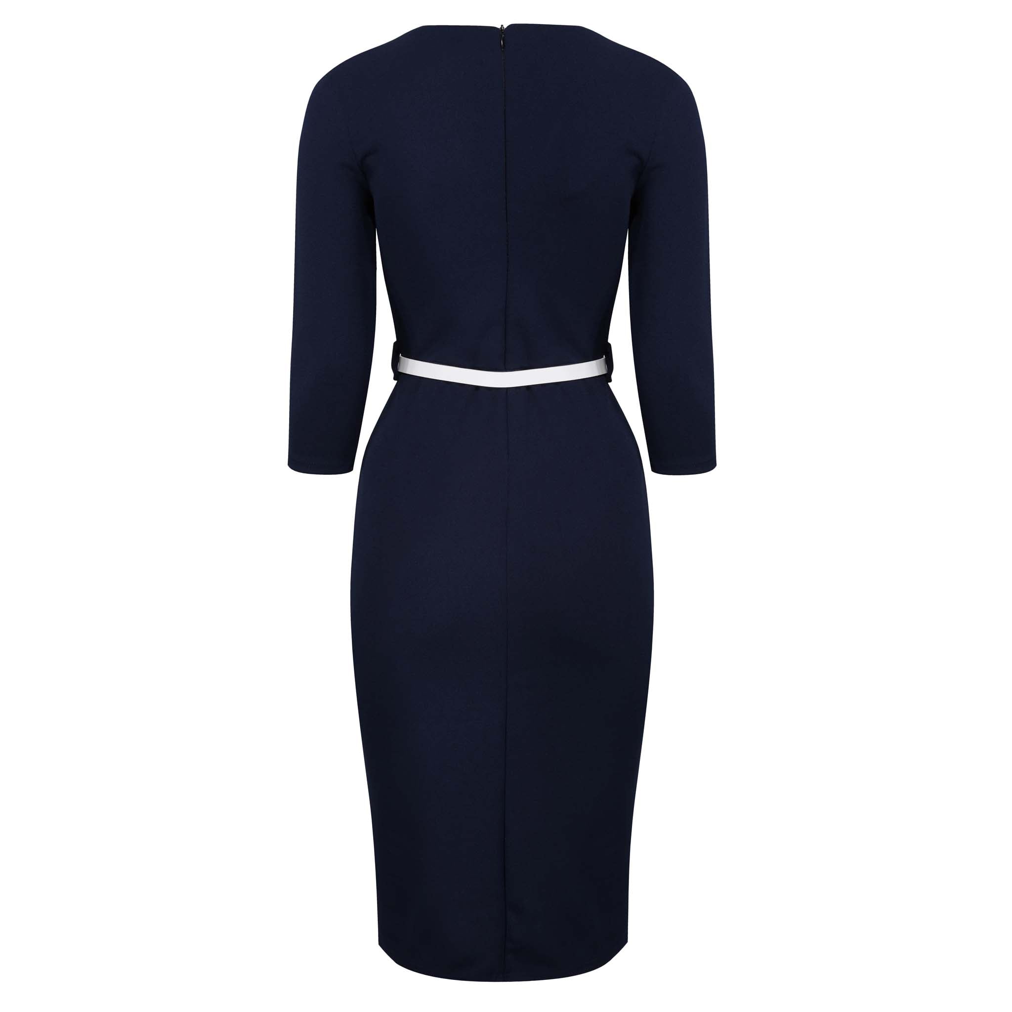 Navy Blue V Neck Wrap Effect 3/4 Sleeve Midi Pencil Dress