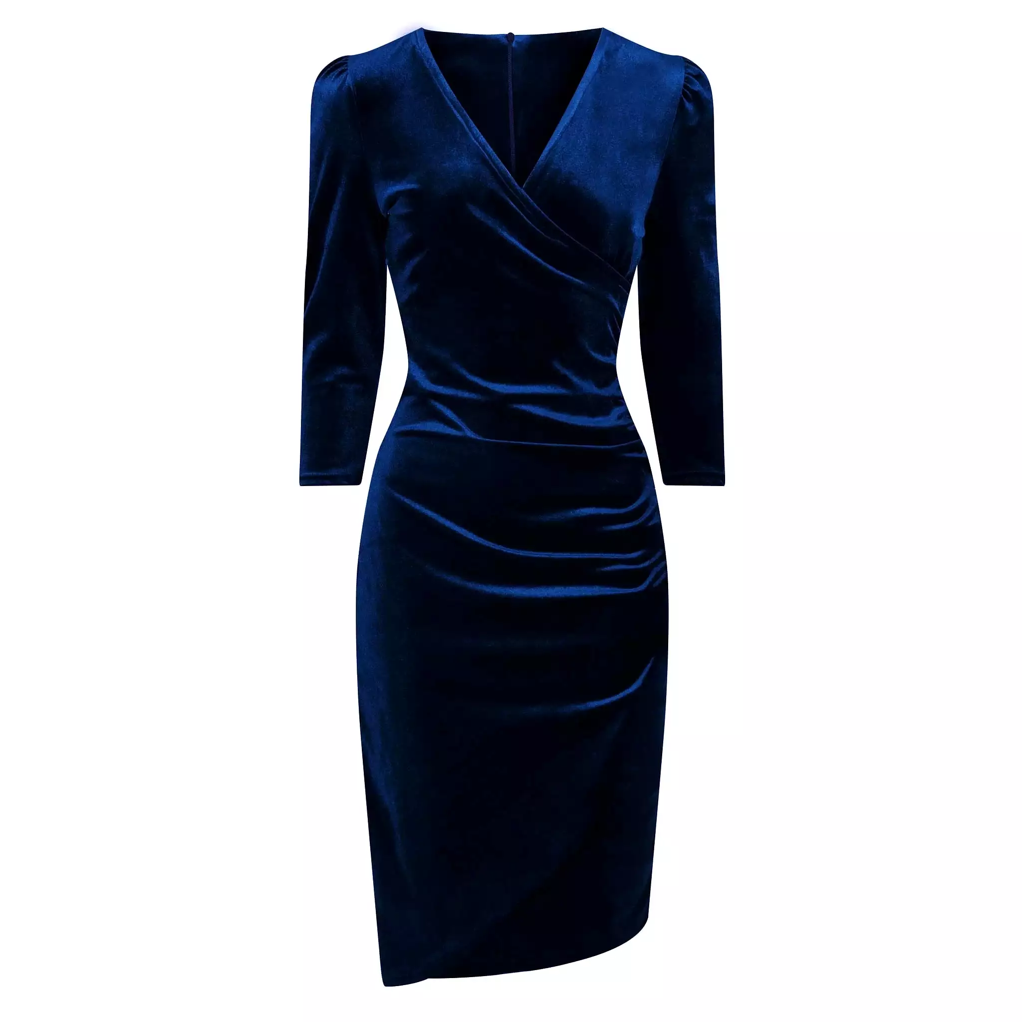 Navy Blue Velour Wrapover 3/4 Sleeve Midi Dress