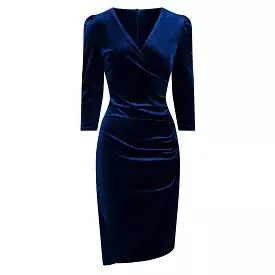 Navy Blue Velour Wrapover 3/4 Sleeve Midi Dress