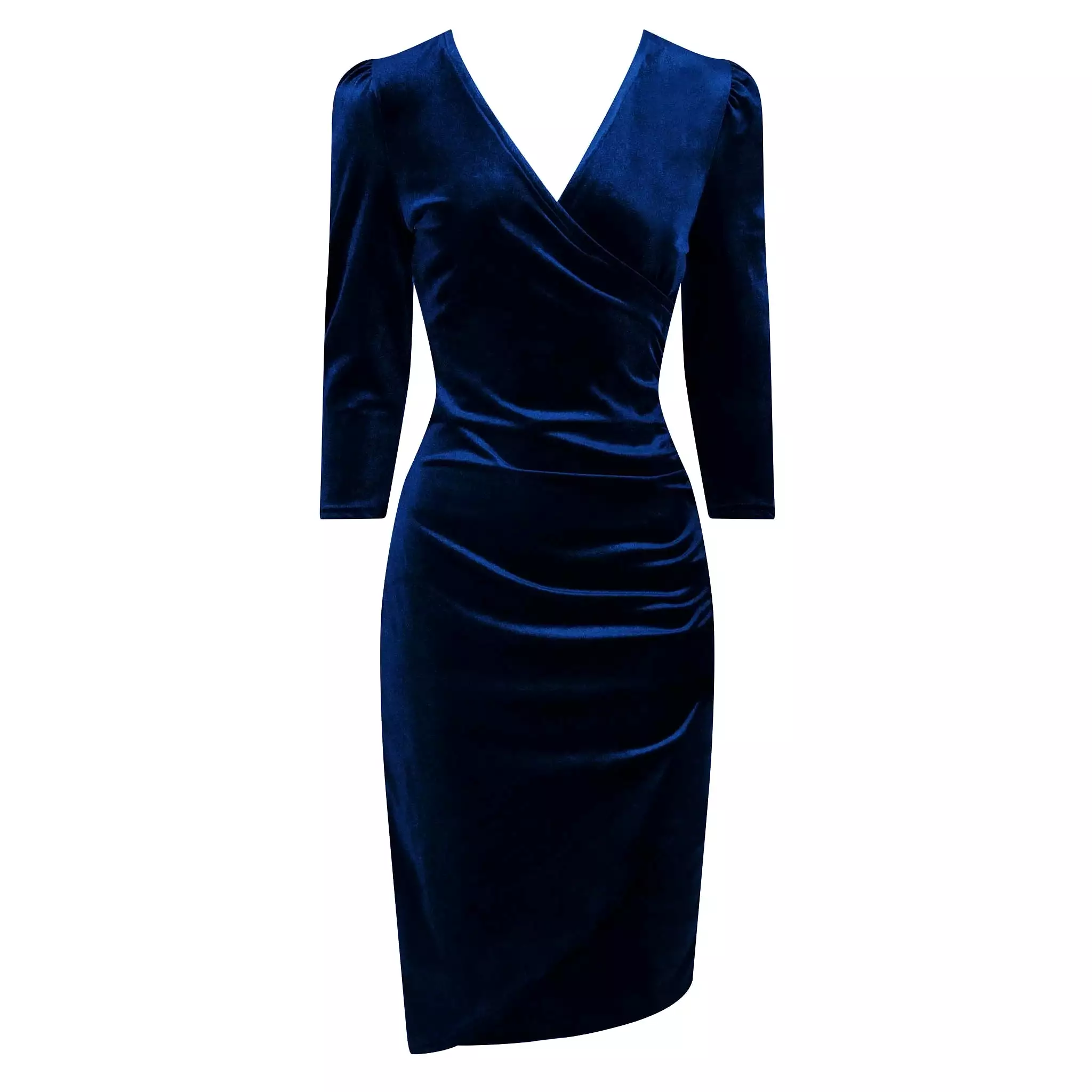 Navy Blue Velour Wrapover 3/4 Sleeve Midi Dress