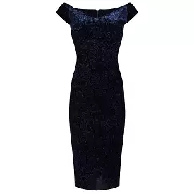 Navy Blue Vintage Animal Print Velvet Capped Sleeve Wiggle Dress