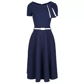 Navy Blue White Tie Short Sleeve Vintage Swing Dress