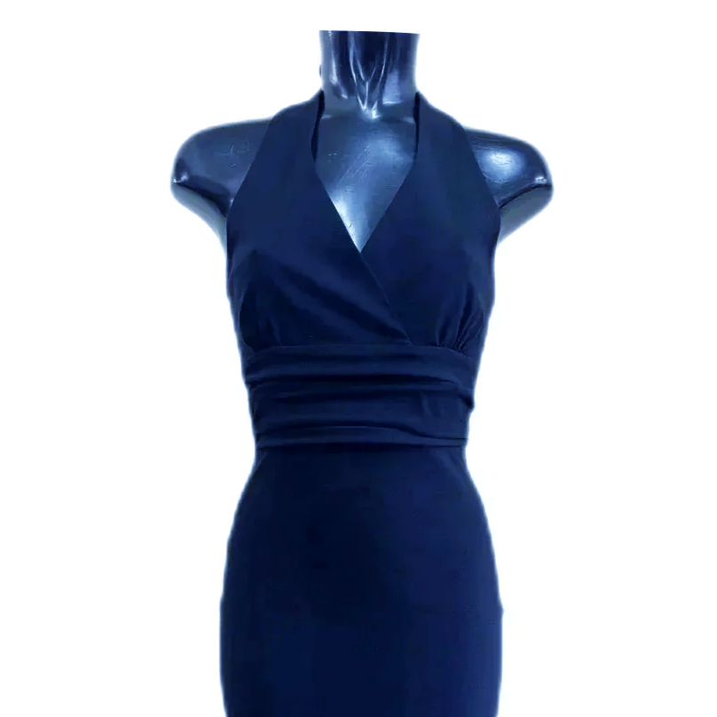 Navy Blue Wrap Top Halterneck Wiggle Pencil Dress