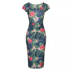 Navy Tropical Floral Print Cap Sleeve V Neck Bodycon Wiggle Dress