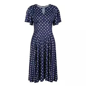 Navy White Polka Dot Waterfall Sleeve Swing Dress