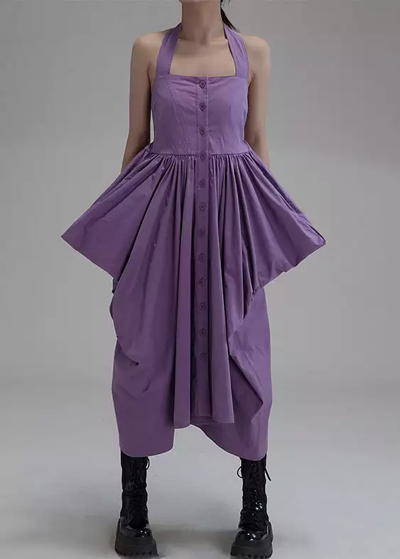 New Purple Asymmetrical Wrinkled Button Cotton Long Dress Sleeveless AB1033