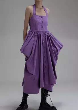 New Purple Asymmetrical Wrinkled Button Cotton Long Dress Sleeveless AB1033