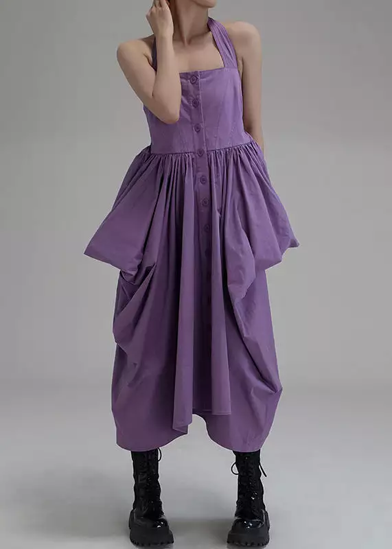 New Purple Asymmetrical Wrinkled Button Cotton Long Dress Sleeveless AB1033