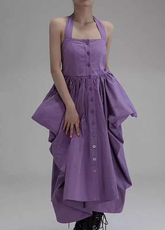 New Purple Asymmetrical Wrinkled Button Cotton Long Dress Sleeveless AB1033