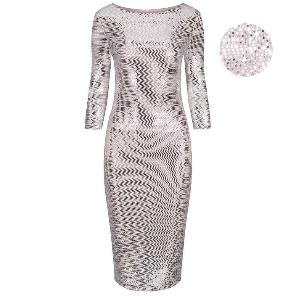 Nude Pink & Silver Sequin 3/4 Sleeve Bodycon Pencil Wiggle Party Dress