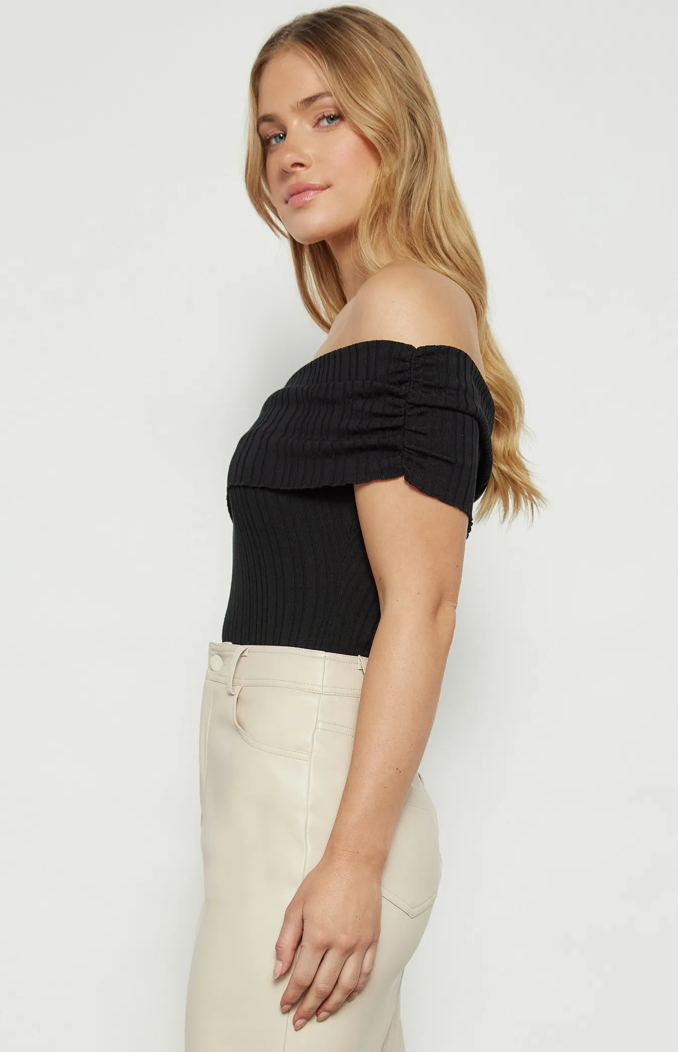 Off Shoulder Textured Lightweight Knit Bodysuit (WKN730)