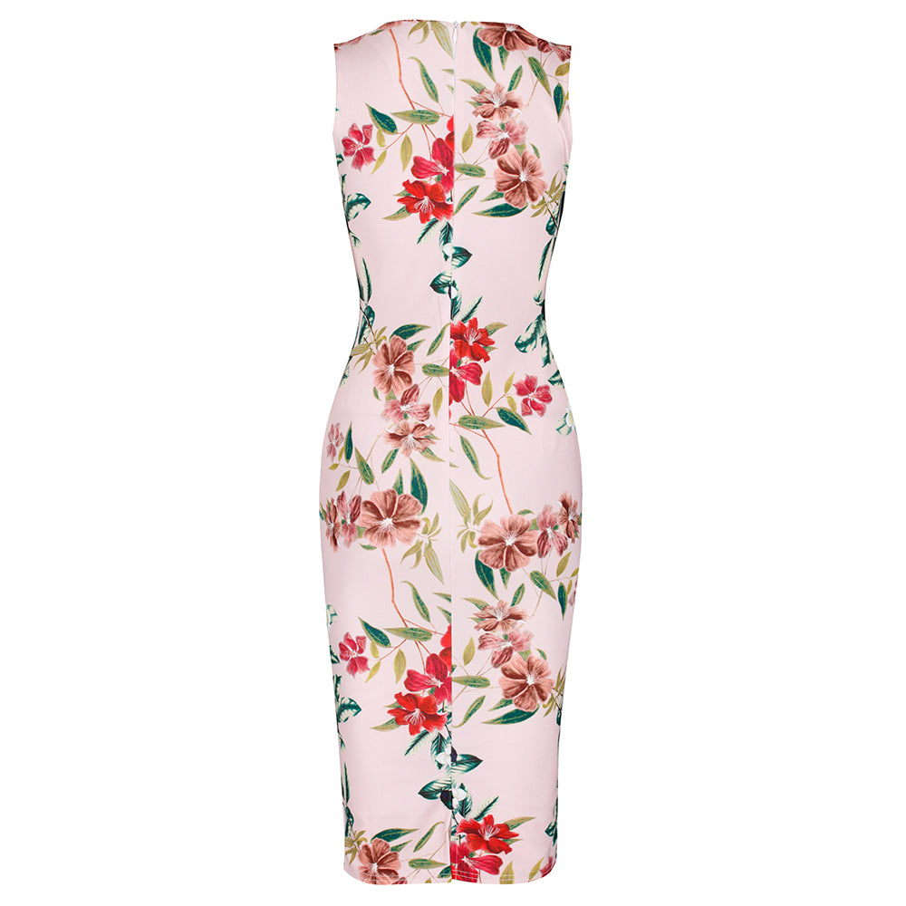 Pink Floral Print Sleeveless Wrap Top 1940s Wiggle Dress