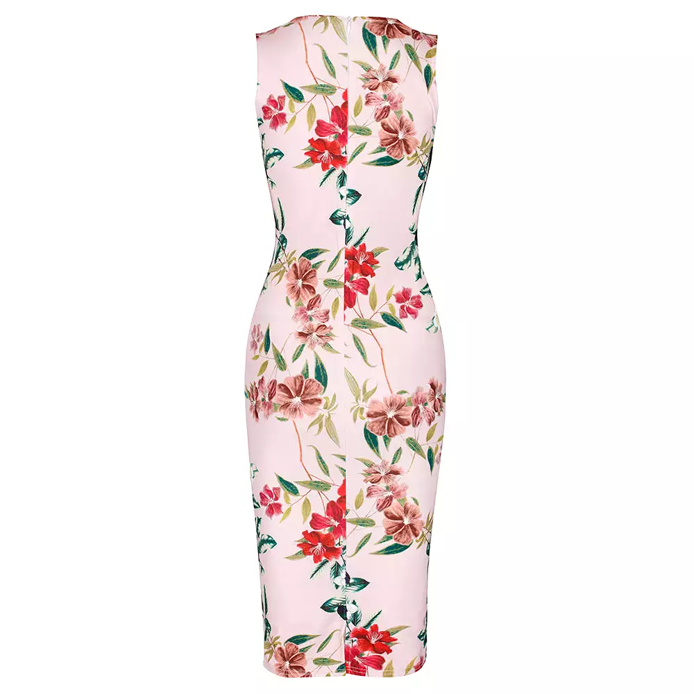 Pink Floral Print Sleeveless Wrap Top 1940s Wiggle Dress