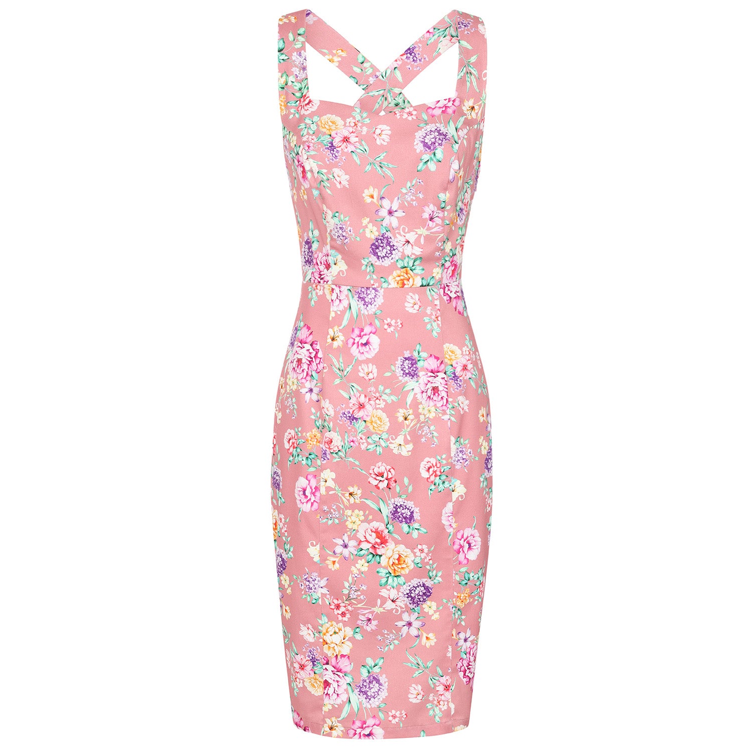 Pink Floral Sweetheart Neckline Vintage Wiggle Pencil Dress