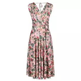 Pink Floral V Neck Crossover Top Empire Waist Swing Dress