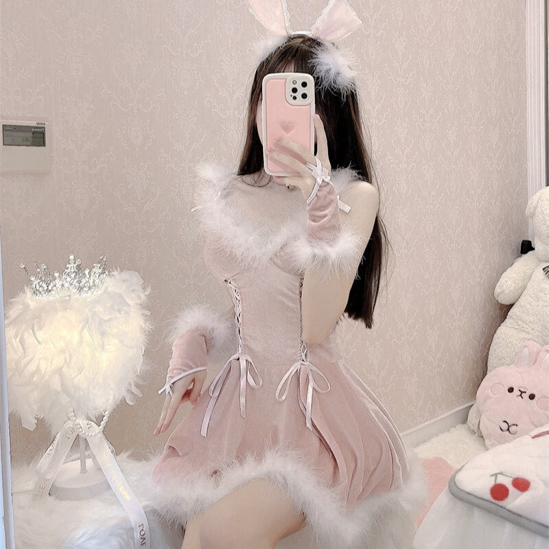 Pink Sexy bandage Plush suspender dress by0399